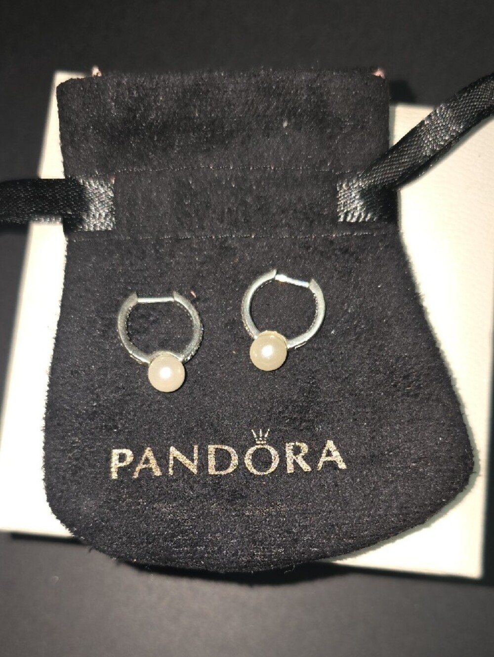Pandora Silver Huggie Earrings with White Pearls - Picture 3 of 3